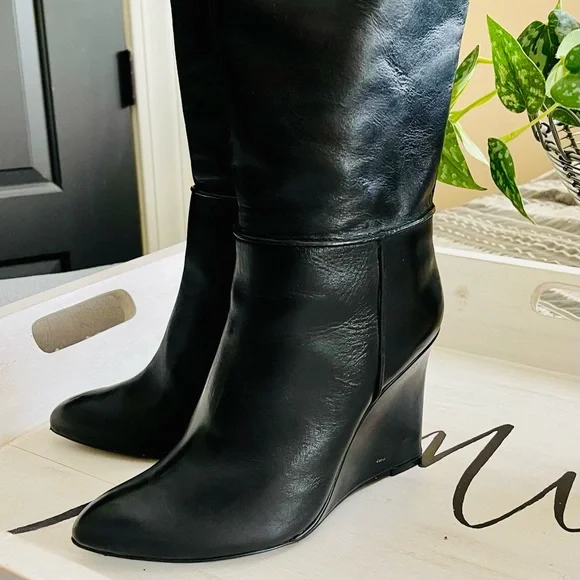 TORY BURCH Linette Smooth Leather Tall Black Wedge Knee High Riding Boots 8.5 - Picture 6 of 16